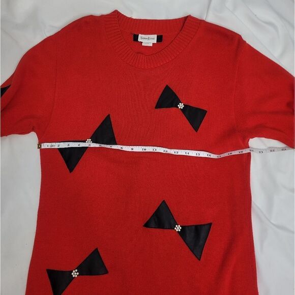 VINTAGE 80s Neiman Marcus leather bow‎ red sweater tunic with pearls L - Picture 14 of 15